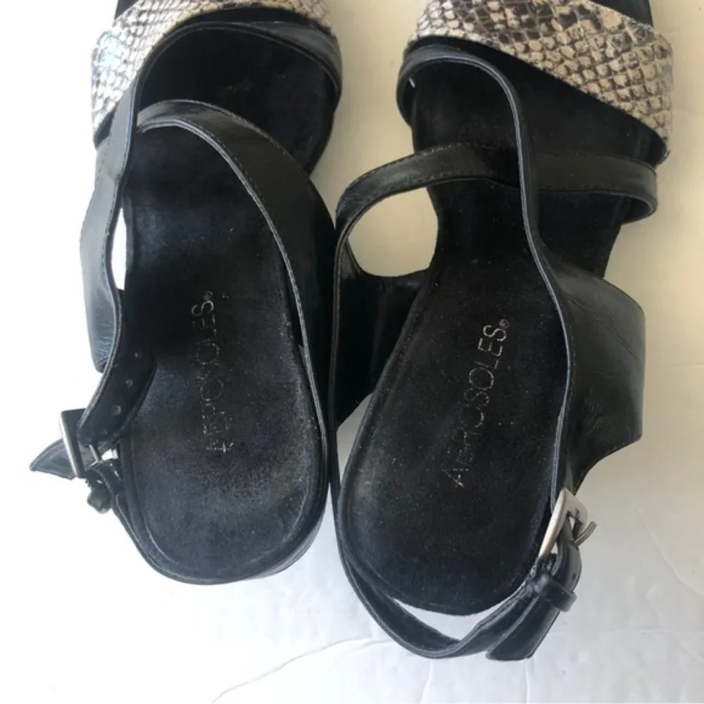 Aerosoles Plushed Together Open Toe Synthetic Black Snake Wedge Shoes Sz.8.5
